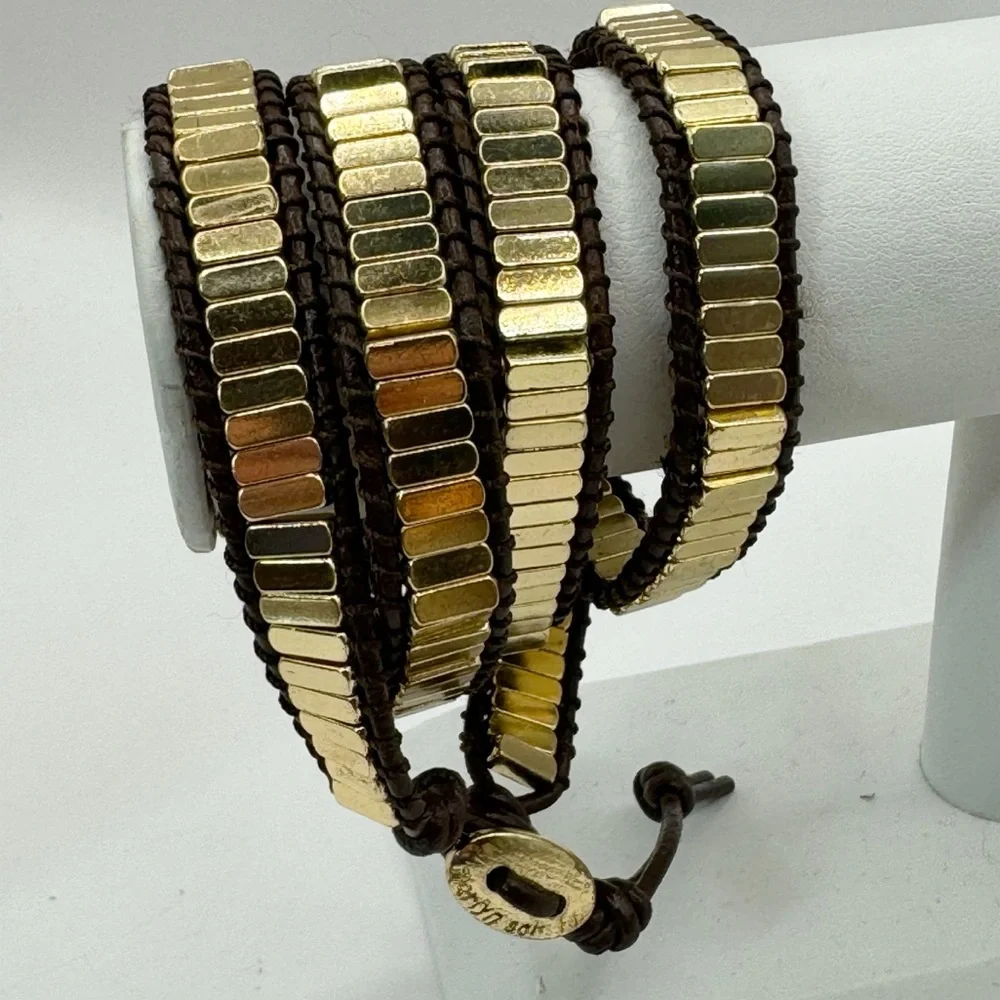 Marlyn Schiff gold tone bar bead brown leather wrap bracelet